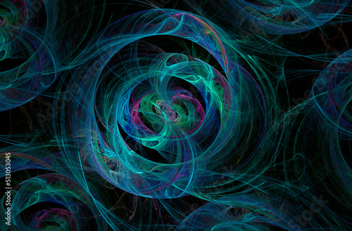 Abstract background neon blue waves and curls on a dark background. Fractal pattern for creativity and design.