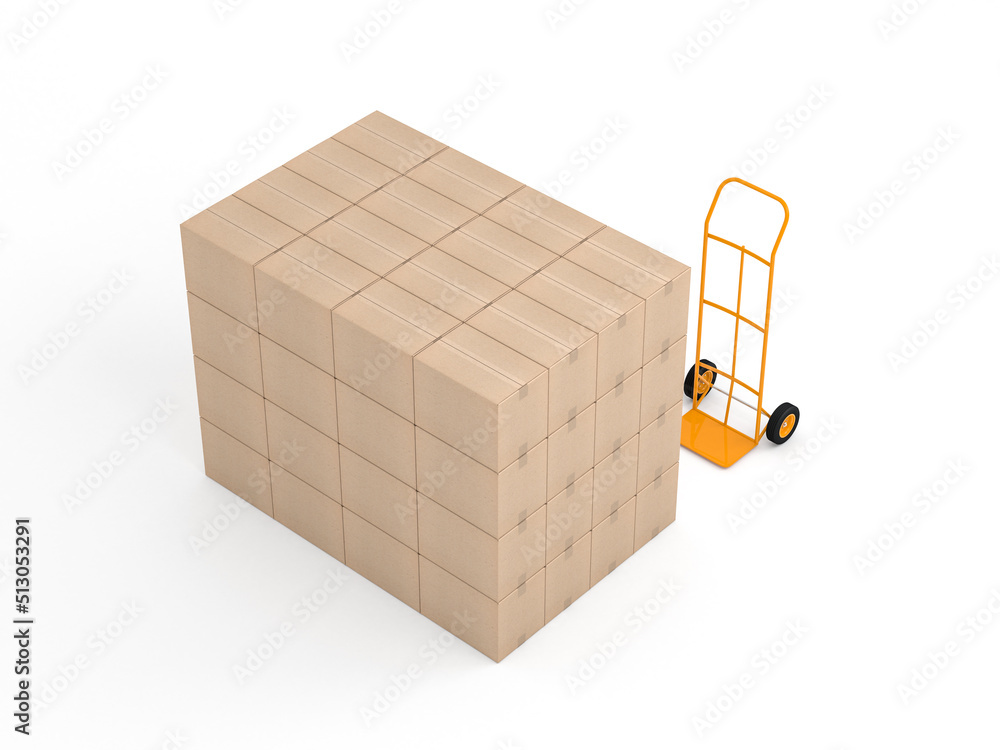 Obraz premium Top view of Stack of cardboard boxes mockup with Hand Truck, 3d rendering