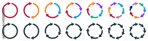 Set of circle colorful arrows rotation. Round arrows shape, circular arrows. Round reload icons, refresh, recycle, repeat, rotate arrow. Circular rotation loading element, redo process sign. Vector.