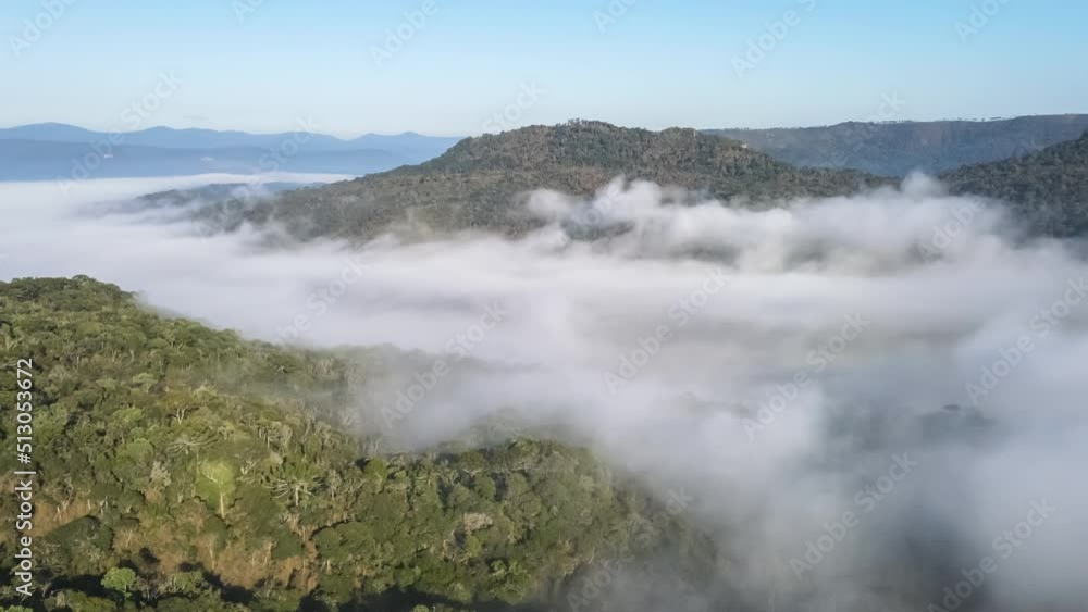 Morning Fog in Mountain Hills Covered with Forest. Aerial Hyperlapse