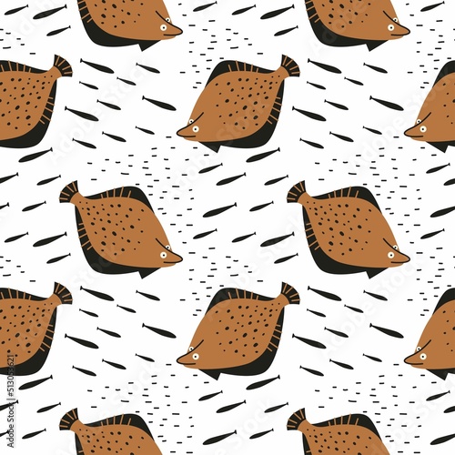 Seamless pattern with flounder in aquatic habitat. Sea fish illustration for seafood design. Fish used in cooking. Pattern with different types of fish for packaging, textiles, wallpapers.