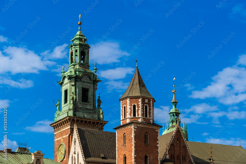 Close-up of the Wawel Royal Castle complex in Krakow on a sunny summer day. Wawel Castle is the main historical attraction in Poland. A tourist route.