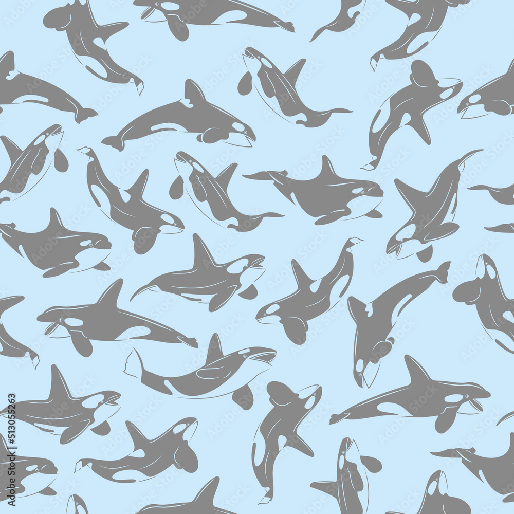 Fototapeta premium Vector illustration Pattern killer whale on blue background endless pattern