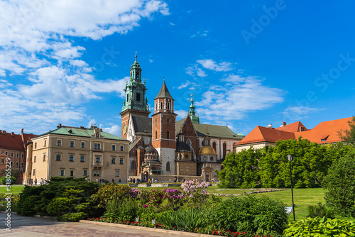 Wawel Royal Castle complex in Krakow on a sunny summer day. Wawel Castle is the main historical attraction in Poland. A tourist route.