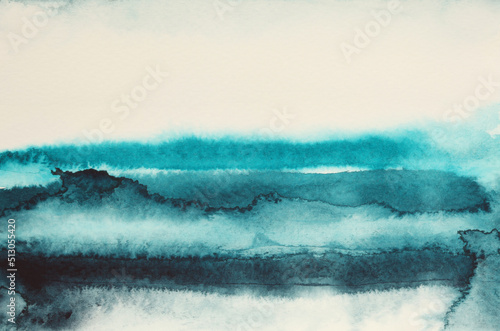 Abstract watercolor and acrylic flow wawe smear painting. Beige and blue color canvas texture horizontal copy space background.