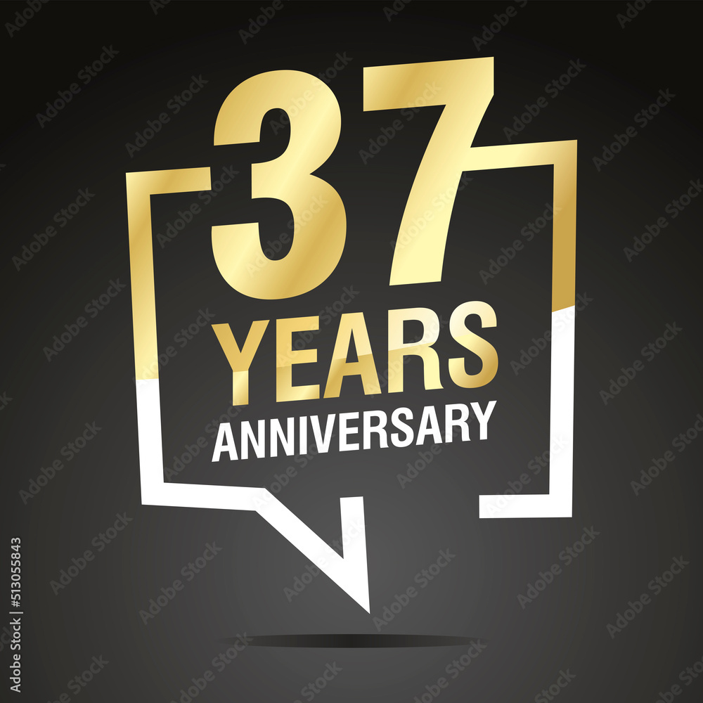 37 Years Anniversary celebrating, gold white speech bubble, logo, icon on black background