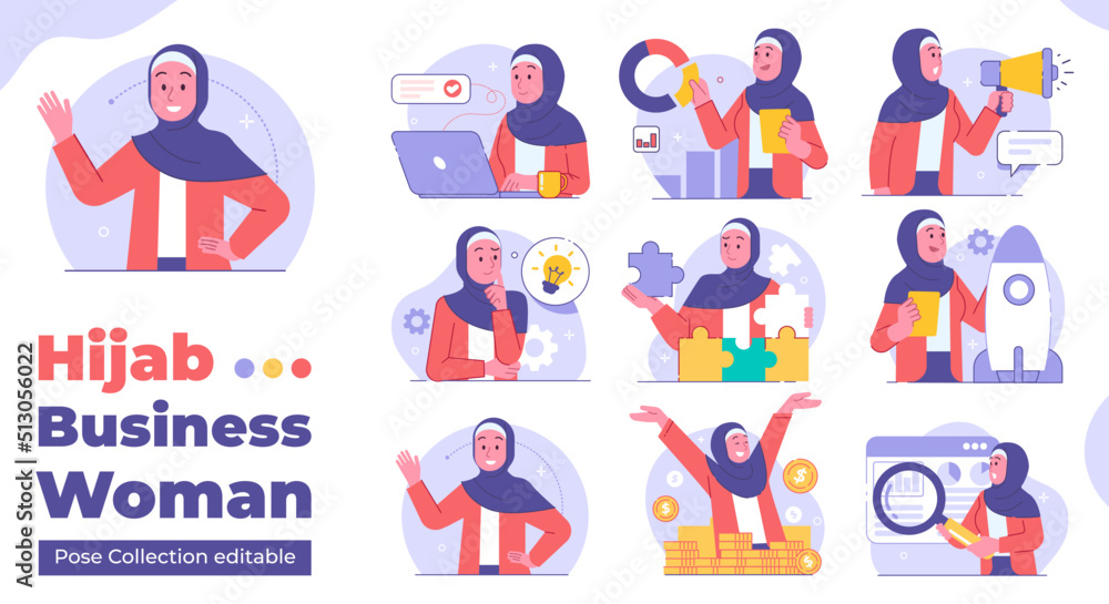 Fototapeta premium Collection of Muslim business women wearing hijab in various business poses
