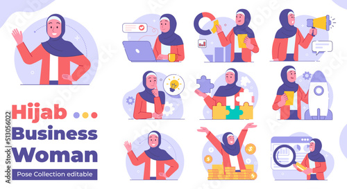 Collection of Muslim business women wearing hijab in various business poses