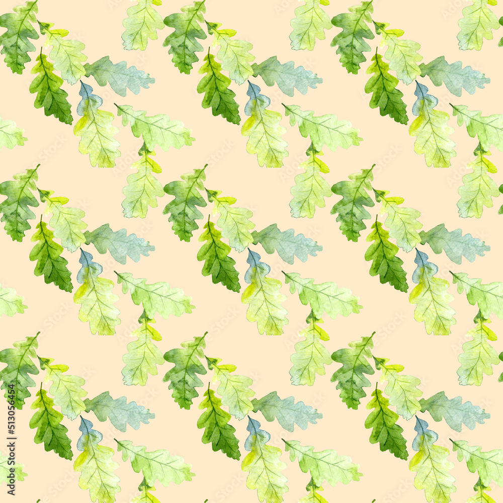 Seamless pattern of watecolor Oak Green Leaves isolated on a beige background. Hand drawn Seamless pattern of watecolor Oak Green Leaves isolated on a beige background. Hand drawn