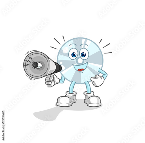 CD holding hand loudspeakers vector. cartoon character