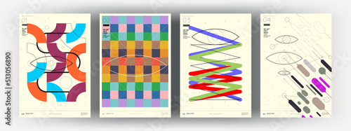 Abstract posters. Vector trendy illustrations of geometric shapes. Memphis and Bauhaus style designs. Modern paintings for interior.