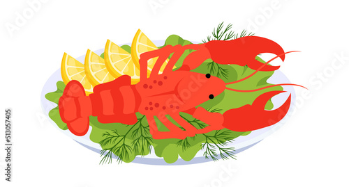 Boiled lobster on a platter. Vector illustration