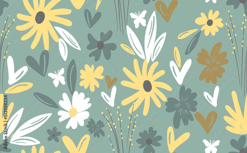 Seamless floral pattern based on traditional folk art ornaments. Colorful flowers on color background. Scandinavian style. Sweden nordic style. Vector illustration. Simple minimalistic pattern Seamless floral pattern based on traditional folk art ornaments. Colorful flowers on color background. Scandinavian style. Sweden nordic style. Vector illustration. Simple minimalistic pattern