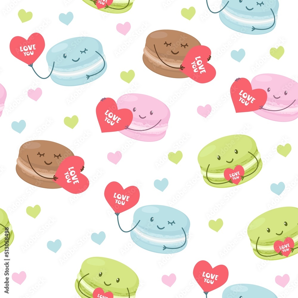 Seamless vector pattern. Appetizing macaroons in love. Cake characters, hugging and holding hands. Pattern for Valentine's Day or for a pastry shop 