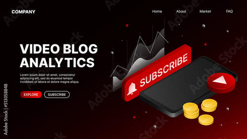 Website Landing Page for Video Blog Analytics. Vector illustration