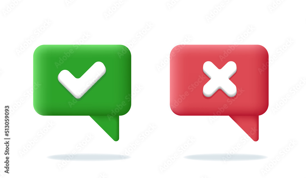 Green tick check mark and cross mark symbols icon element, Simple ok yes no graphic design, right checkmark symbol accepted and rejected, 3D rendering. Vector illustration Green tick check mark and cross mark symbols icon element, Simple ok yes no graphic design, right checkmark symbol accepted and rejected, 3D rendering. Vector illustration