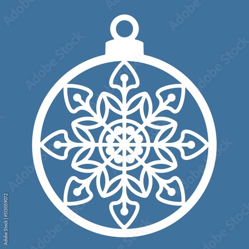 Christmas ball with snowflake ornament cut out of paper. Template for Christmas toys. The image is suitable for laser cutting or printing. Festive background, vector illustration.