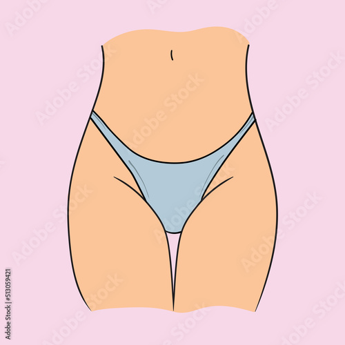 Close-up aesthetic cartoon woman in blue bikini isolated on pink background. Flat design. Vector illustration.