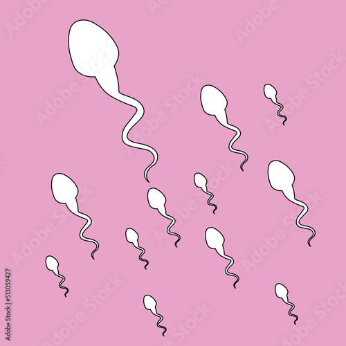 Pattern group of cartoon hand drawn spermatozoa isolated on pink background. Biology concept. Flat design. Vector illustration.