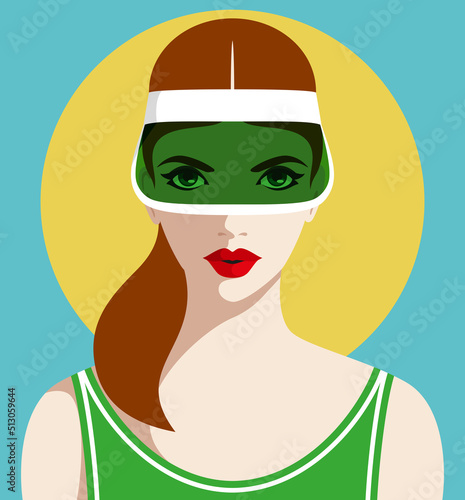 1306_Beautiful redhead woman wearing plastic sun visor cap and green swimsuit