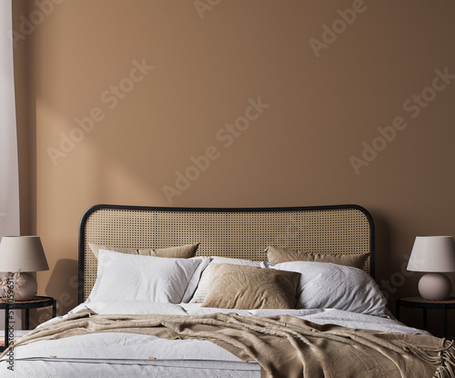 Bright bedroom mockup, rattan wooden bed in a beige background, wall mock up in a neutral colors room interior, 3d render