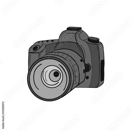DSLR. Hand drawn gray digital photo camera with lens isolated on white background. Vector illustration.