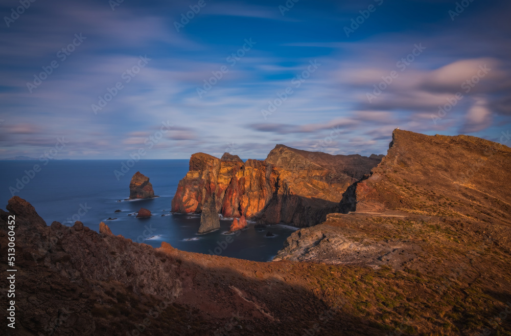 Sunset at Point of Saint Lawrence. East coast of Madeira island, Portugal. October 2021