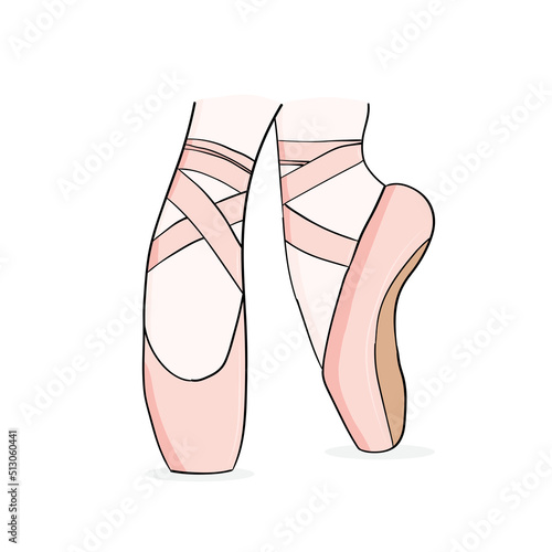 Pair of cartoon female ballerina legs in pink pointe shoes hand drawn isolated on white background. Flat design. Vector illustration.
