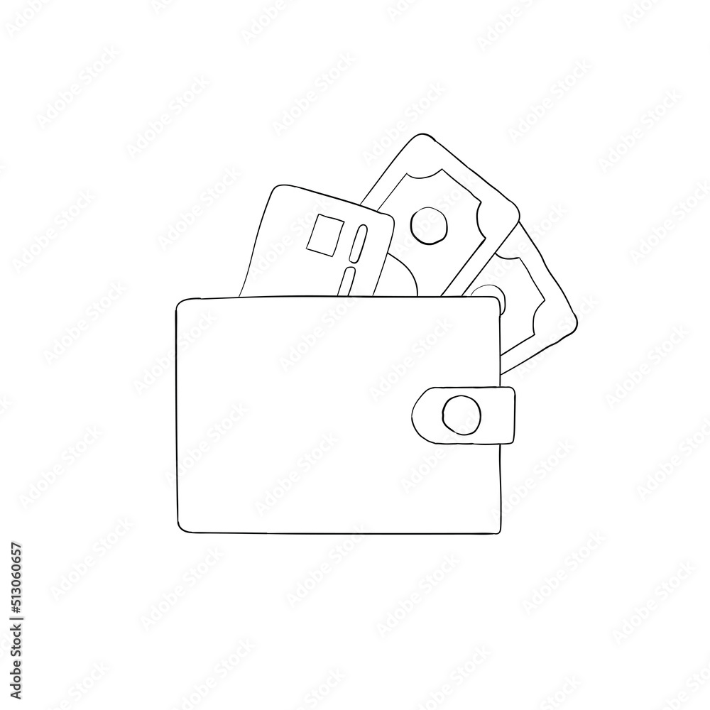 Hand drawn outline of a wallet with a credit card and dollar banknotes isolated on a white background. Money concept. Flat design. Vector illustration. Hand drawn outline of a wallet with a credit card and dollar banknotes isolated on a white background. Money concept. Flat design. Vector illustration.