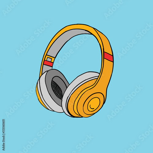 Wireless cartoon orange hand drawn headphones isolated on a blue background. Flat design. Vector illustration.