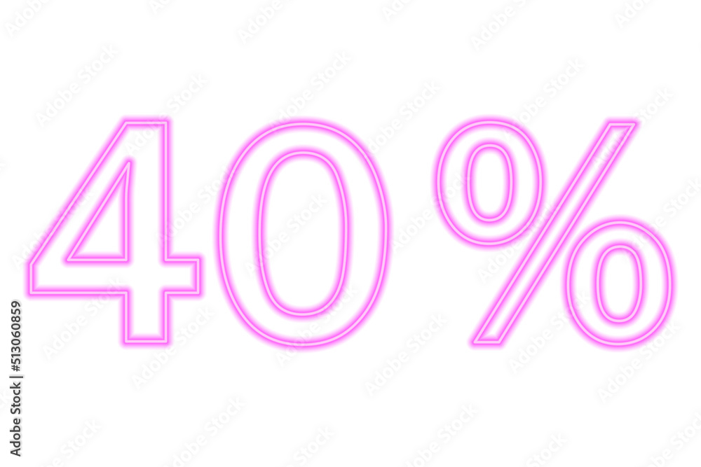 40 percent inscription isolated on white. Pink line in neon style. 40 percent inscription isolated on white. Pink line in neon style.