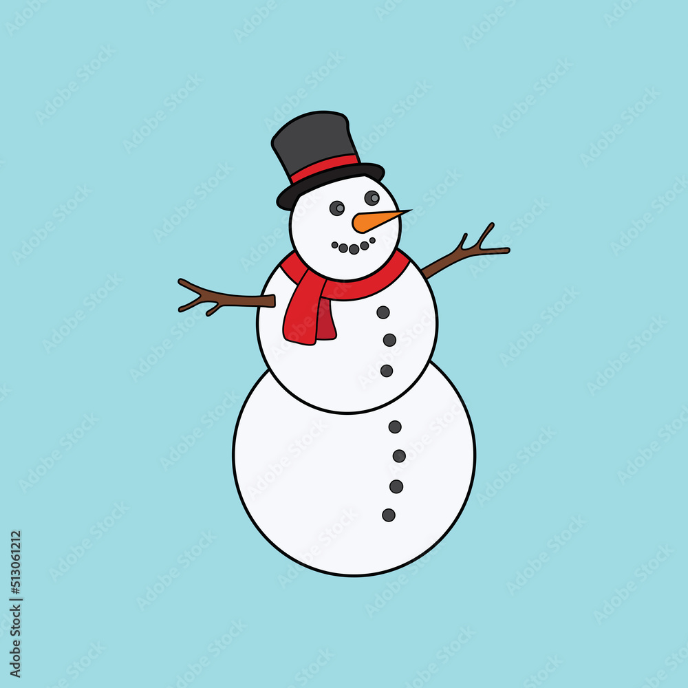 Funny cartoon snowman in a hat and scarf hand drawn isolated on a white background. Vector illustration. Flat design. Funny cartoon snowman in a hat and scarf hand drawn isolated on a white background. Vector illustration. Flat design.