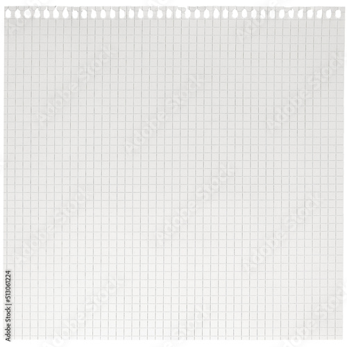 Checked spiral notebook page paper background, old aged white chequered ring binder sheet flat lay A4 copy space, isolated horizontal grey squared pattern maths notepad, torn out stapled blank empty