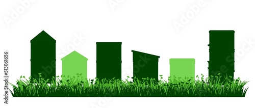 Apiary. Bee hives in meadow. Rural farm landscape. Isolated on white background. Vector
