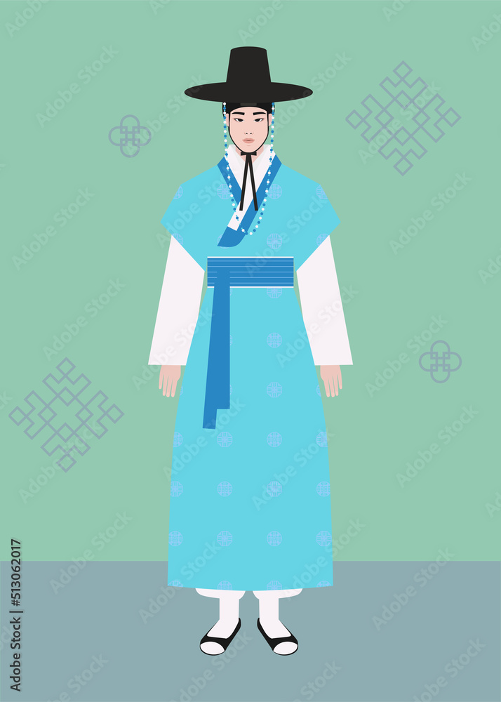 Korean man wearing traditional costumes. Man character in decorated national costume hanbok. Korean folk festive clothes. Flat vector cartoon illustration Korean man wearing traditional costumes. Man character in decorated national costume hanbok. Korean folk festive clothes. Flat vector cartoon illustration