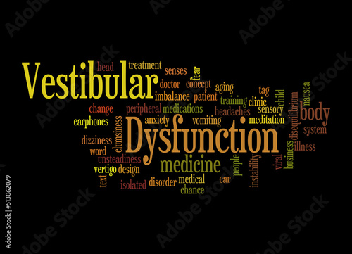 Word Cloud with VESTIBULAR DYSFUNCTION concept, isolated on a black background