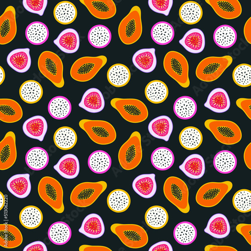 Fruit seamless pattern. Tropic papaya, dragon fruit pitaya and fig. Vector isolated illustration for fabric print, wrapping paper, kitchen decor, restaurant menu design. Hand drawn doodle style