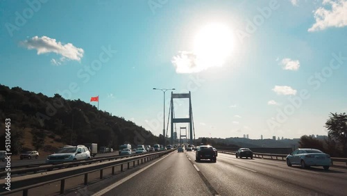Driving on istanbul bosphorus bridge, driving at sunset, amazing view, driver view photo