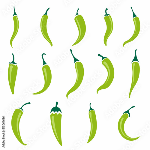 Set of green chili peppers isolated on white background