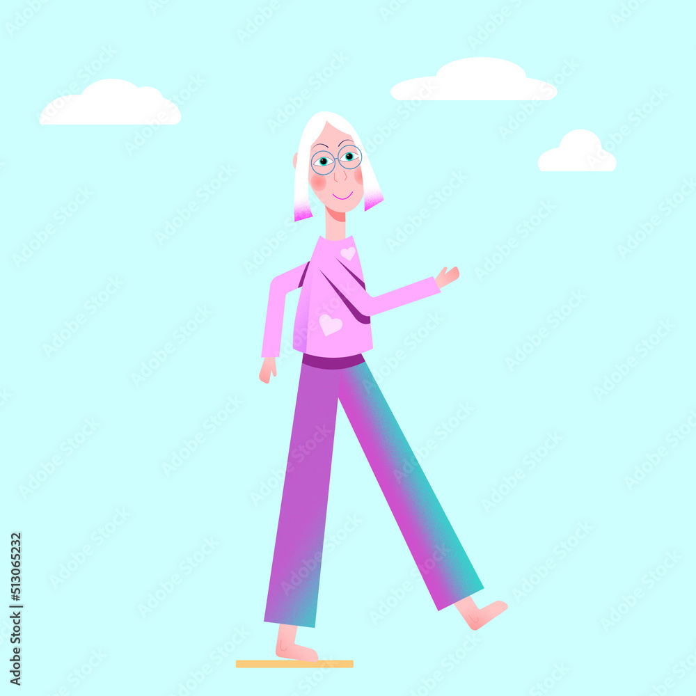 Step forward - cute blonde girl in glasses with pink and purple clothes in the sky in grainy texture Step forward - cute blonde girl in glasses with pink and purple clothes in the sky in grainy texture