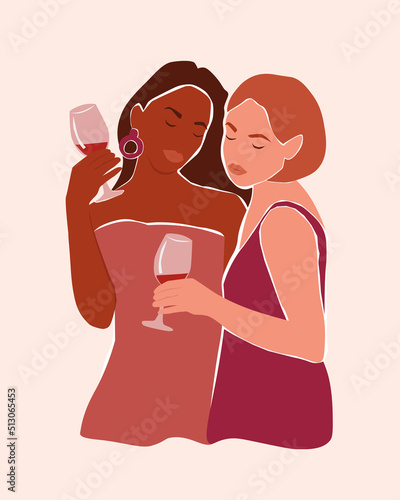 Beautiful girls in evening dress with a glass of wine. Abstract modern portrait of women at a party. Vector graphics.