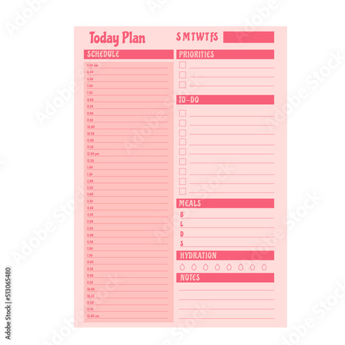Daily planner printable template Vector. Blank white notebook page A4. Business organizer schedule page for a day for effective planning. Paper sheet. Vector illustration design
