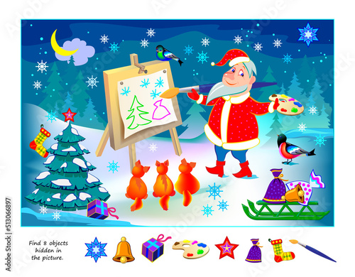 Logic puzzle game for kids. Find 8 objects hidden in the picture. Funny Santa Claus painting winter forest. Educational page. Play online. IQ test. Task for attentiveness. Vector illustration.