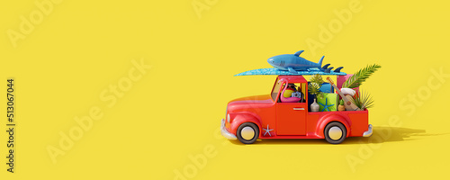 Red car with luggage and beach accessories ready for summer travel. Creative summer concept on yellow background 3D Render 3D illustration