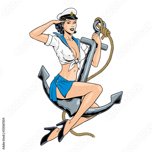 Pin-up attractive captain girl sitting on an anchor, sailor woman. Retro style poster, sign, t-shirt or tattoo design. Vector illustration. photo