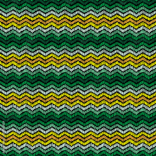 Bright striped seamless pattern. Embroidery imitation. Orange  yellow and green horizontal zigzag stripes. Abstract geometric textile design