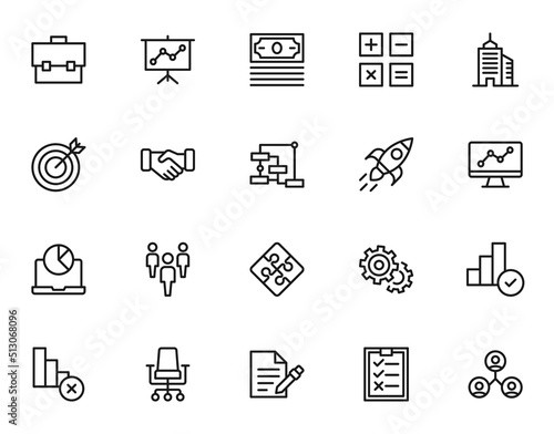 Business and money concept. Monochrome sign drawn with black line. Vector icon set with symbols of suitcase, progress line, money, calculator, skyscraper, target, hand shaking etc
