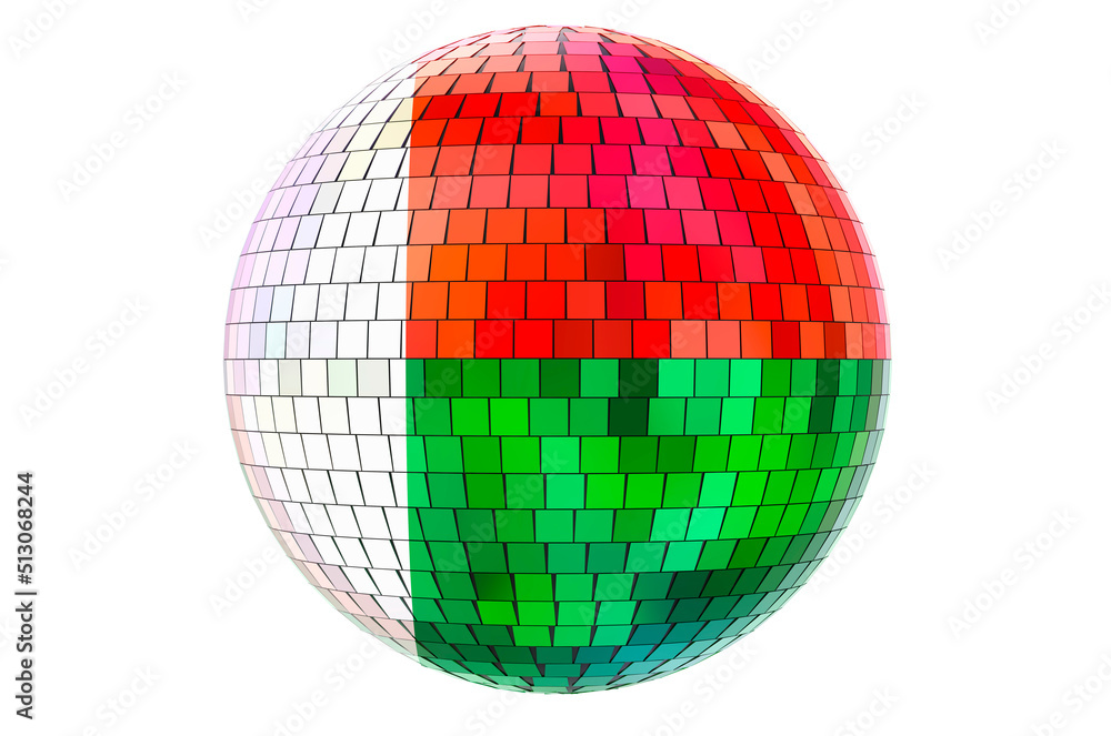 Mirror disco ball with Madagascar flag, 3D rendering