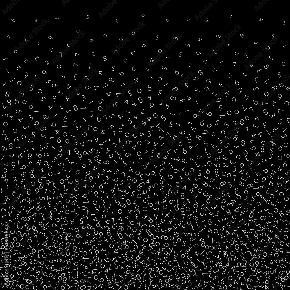 Falling numbers, big data concept. Binary white disorderly flying digits. Pleasing futuristic banner on black background. Digital vector illustration with falling numbers. Falling numbers, big data concept. Binary white disorderly flying digits. Pleasing futuristic banner on black background. Digital vector illustration with falling numbers.