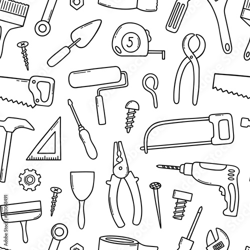 Hand drawn seamless pattern of construction tools doodle Different working and building tools in sketch style. Saw, hammer, wrench, screw, drill. Vector illustration